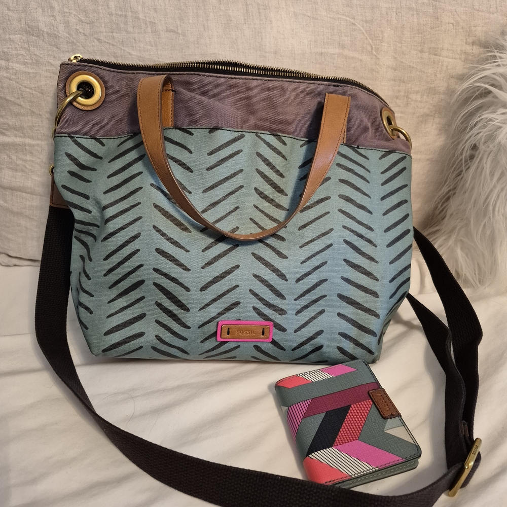 Fossil Teal Blue Coated Canvas Crossbody Bag/tote/purse With Matching Wallet
